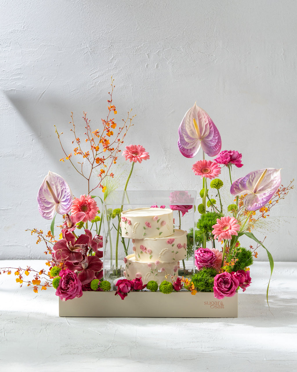 Flower Arrangement With 3 Layer Cake